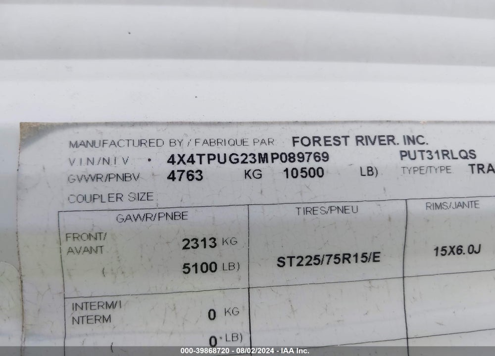 2021 PUMA CAMPER VIN: 4X4TPUG23MP089769