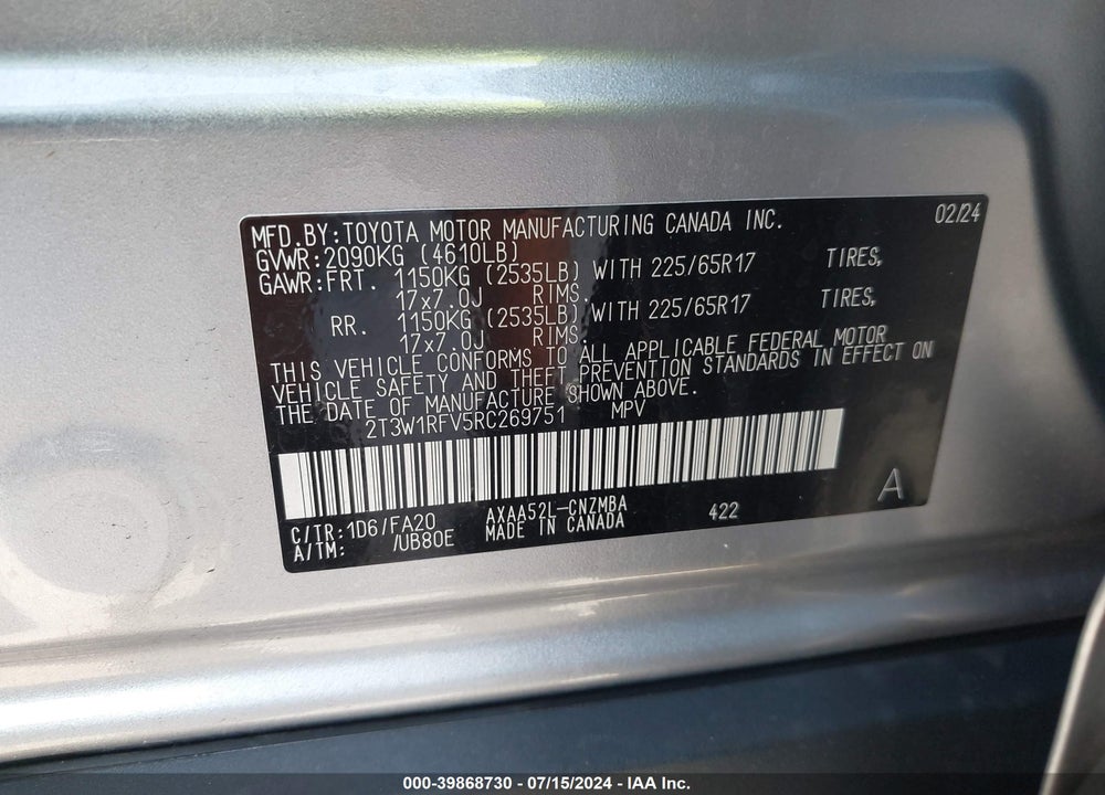 2024 TOYOTA RAV4 VIN: 2T3W1RFV5RC269751