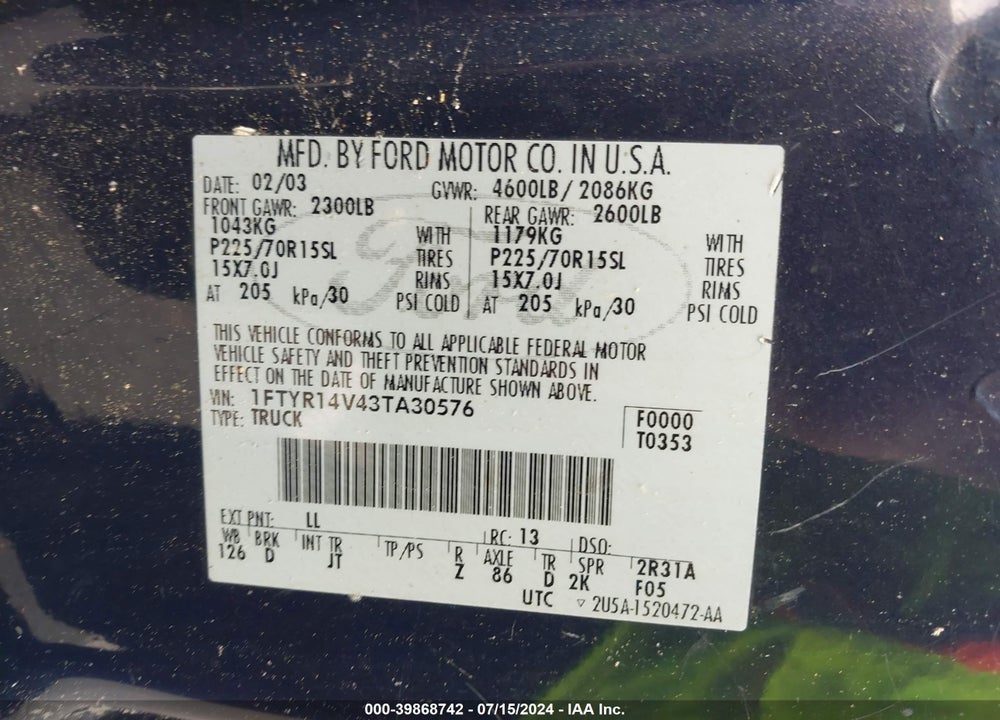 2003 FORD RANGER EDGE/TREMOR/XL/XLT VIN: 1FTYR14V43TA30576