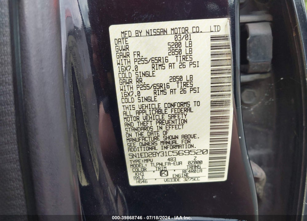 2001 NISSAN XTERRA SE VIN: 5N1ED28Y31C569520