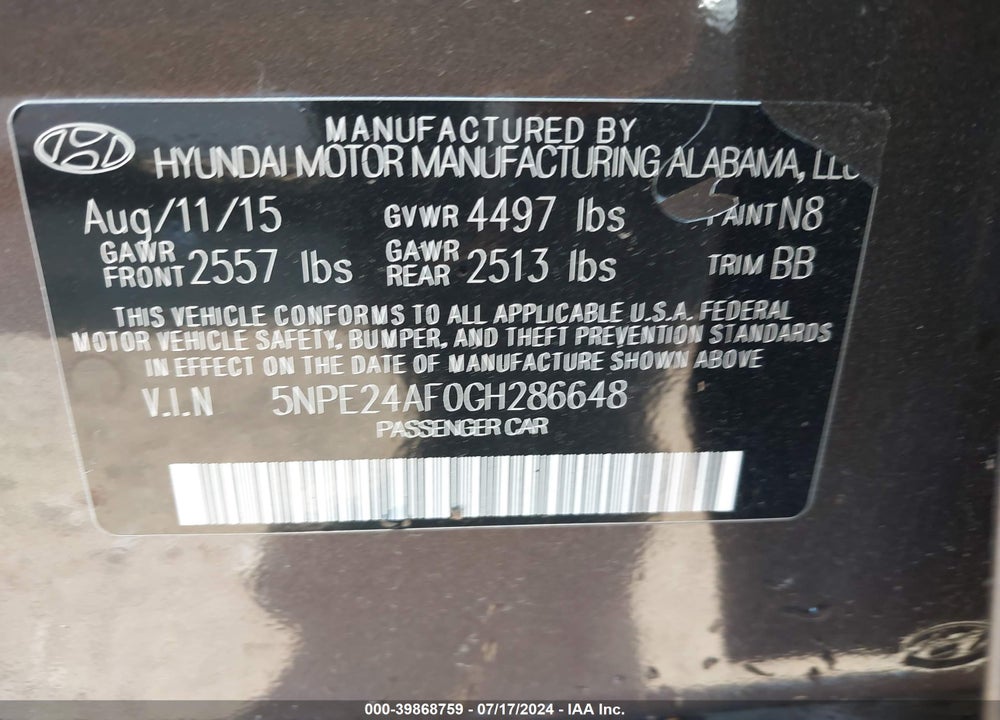 2016 HYUNDAI SONATA SE VIN: 5NPE24AF0GH286648
