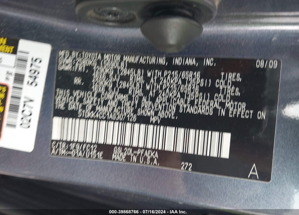 2010 TOYOTA SIENNA LE VIN: 5TDKK4CC1AS307126