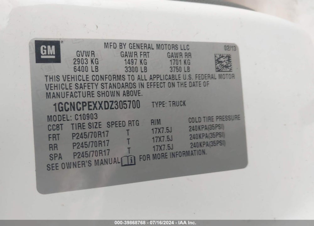 2013 CHEVROLET SILVERADO 1500 WORK TRUCK VIN: 1GCNCPEXXDZ305700