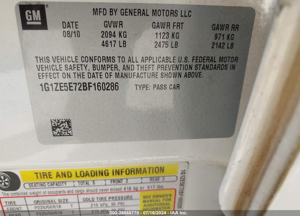 2011 CHEVROLET MALIBU LTZ VIN: 1G1ZE5E72BF160286