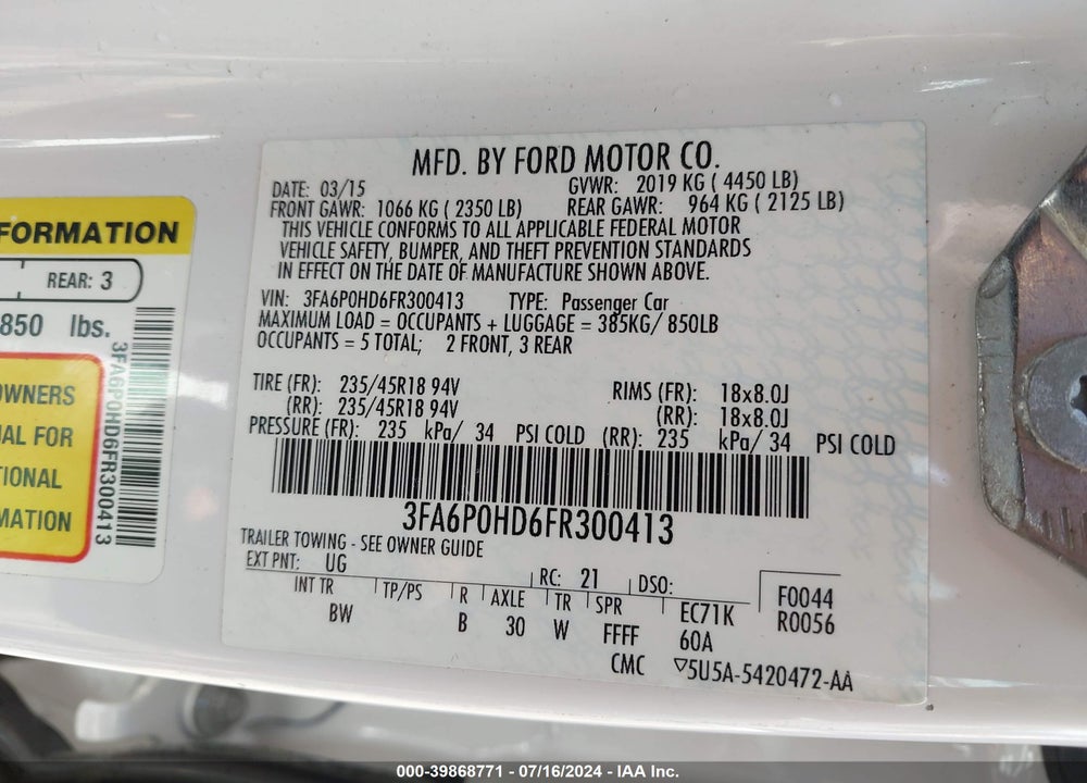 2015 FORD FUSION SE VIN: 3FA6P0HD6FR300413