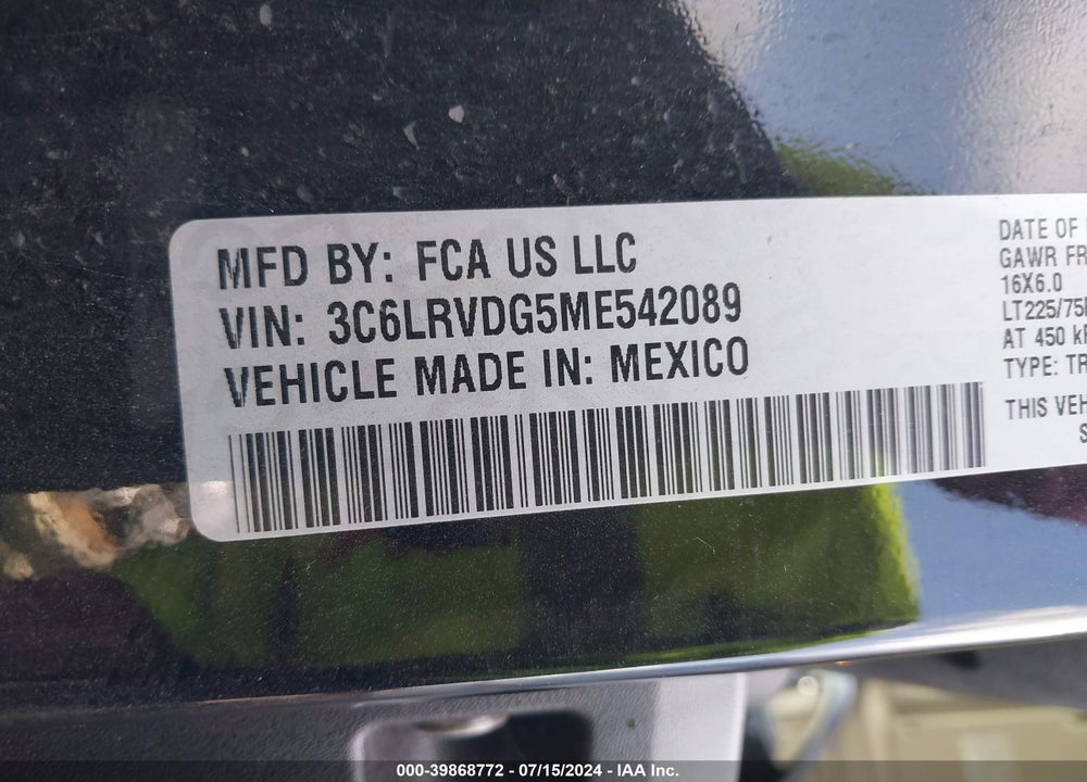 2021 RAM PROMASTER 2500 HIGH ROOF 159 WB VIN: 3C6LRVDG5ME542089