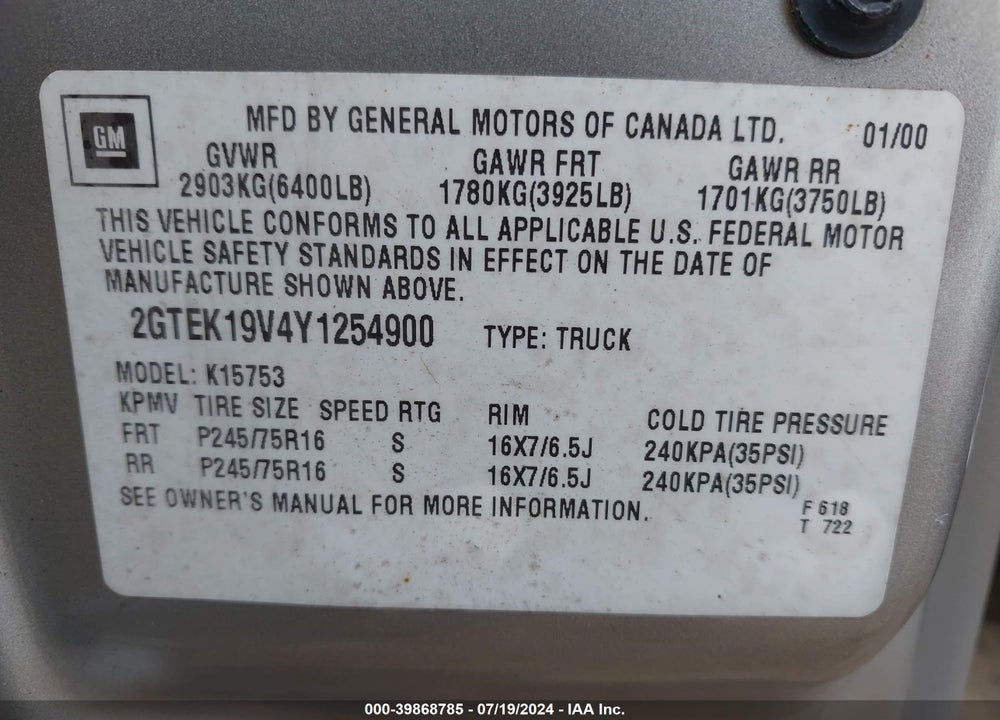 2000 GMC SIERRA 1500 SLE VIN: 2GTEK19V4Y1254900
