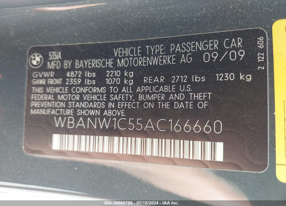 2010 BMW 535I VIN: WBANW1C55AC166660