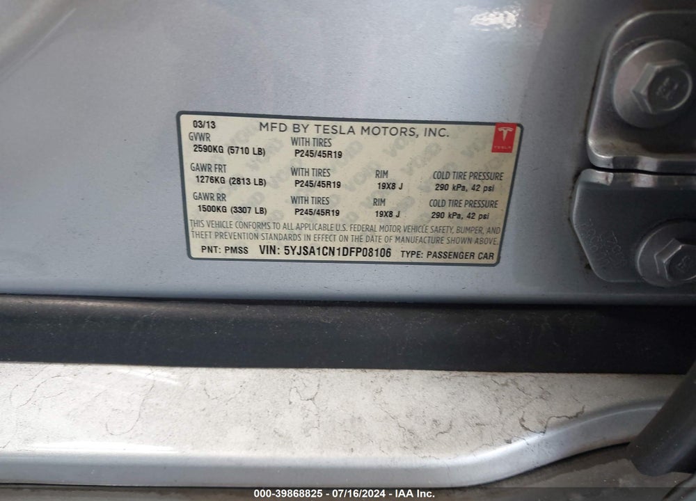 2013 TESLA MODEL S VIN: 5YJSA1CN1DFP08106