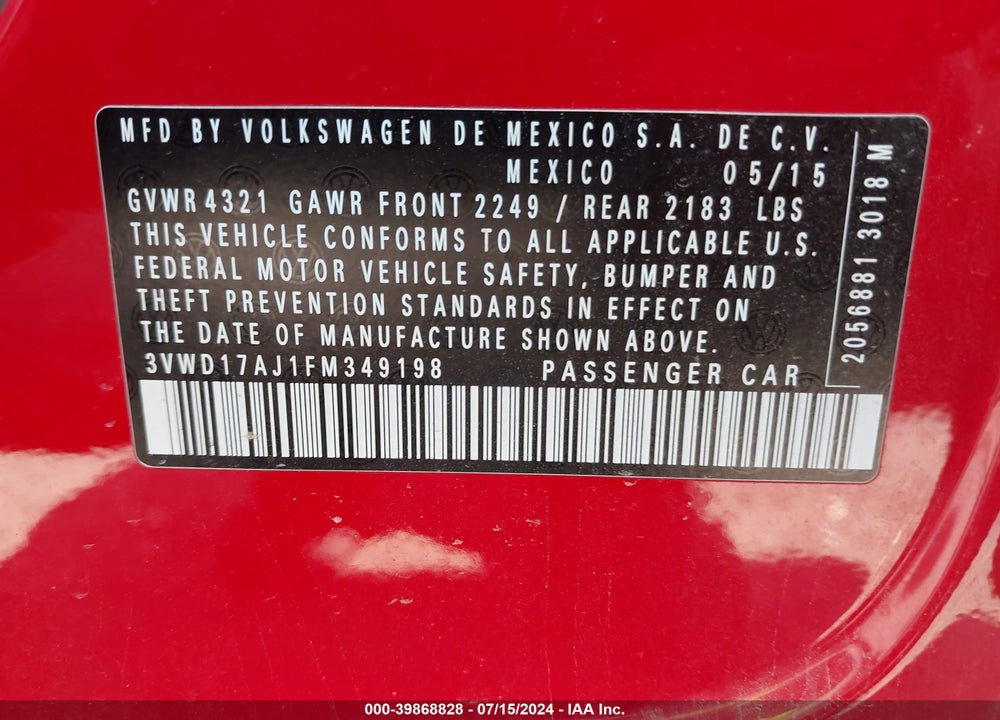 2015 VOLKSWAGEN JETTA VIN: 3VWD17AJ1FM349198