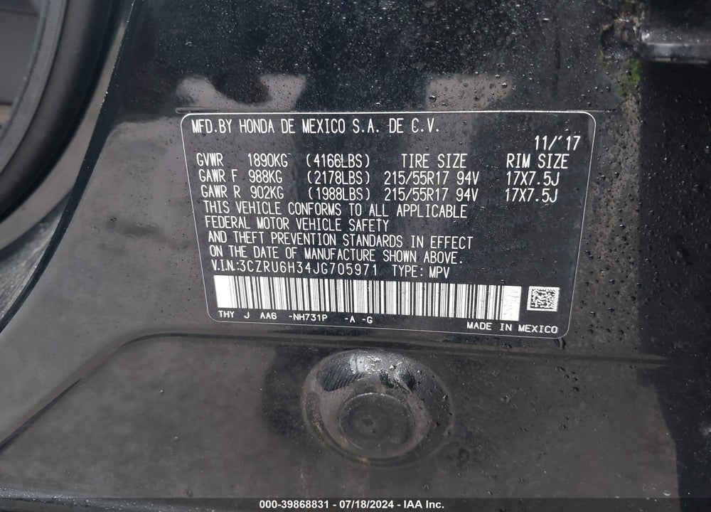 2018 HONDA HR-V LX VIN: 3CZRU6H34JG705971