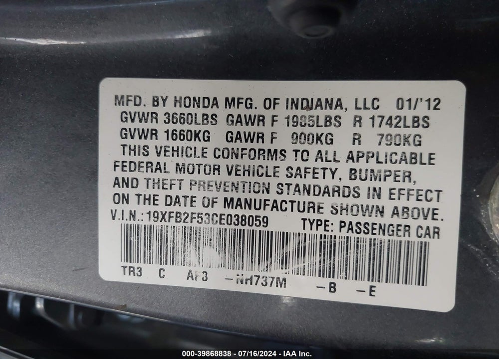 2012 HONDA CIVIC LX VIN: 19XFB2F53CE038059