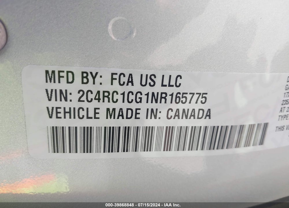2022 CHRYSLER VOYAGER LX VIN: 2C4RC1CG1NR165775