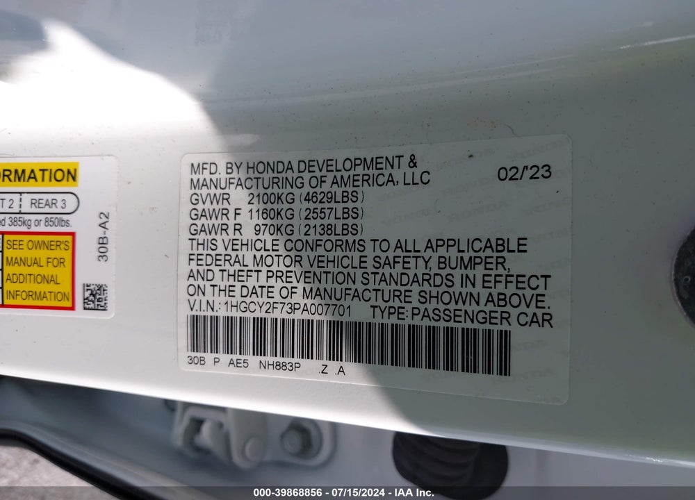 2023 HONDA ACCORD HYBRID SPORT-L VIN: 1HGCY2F73PA007701