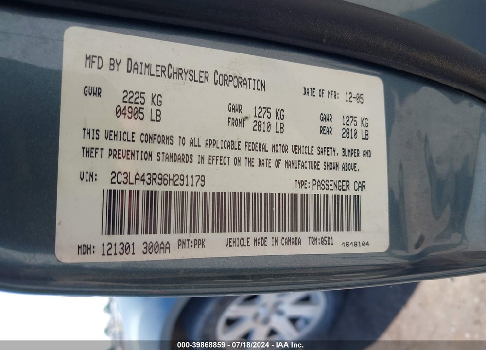 2006 CHRYSLER 300 VIN: 2C3LA43R96H291179