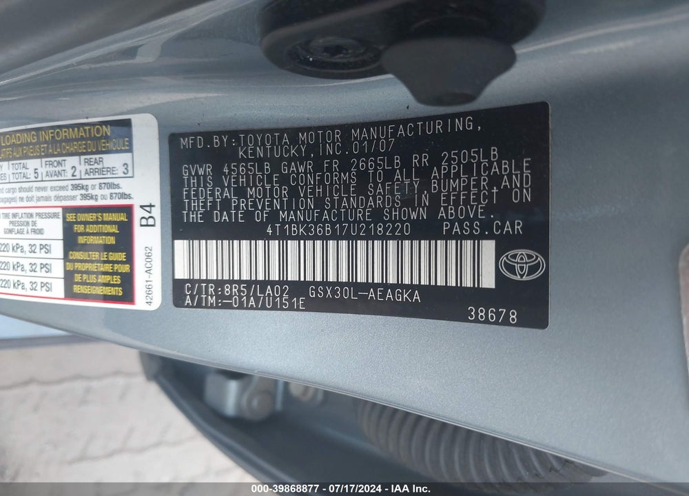 2007 TOYOTA AVALON XLS VIN: 4T1BK36B17U218220