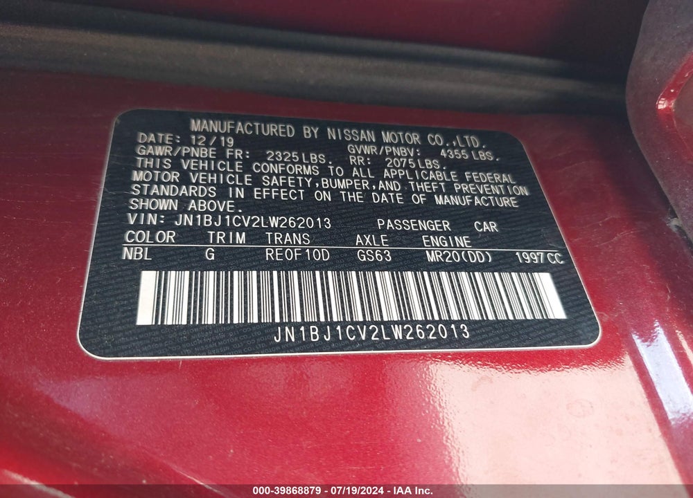 2020 NISSAN ROGUE SPORT S FWD XTRONIC CVT VIN: JN1BJ1CV2LW262013