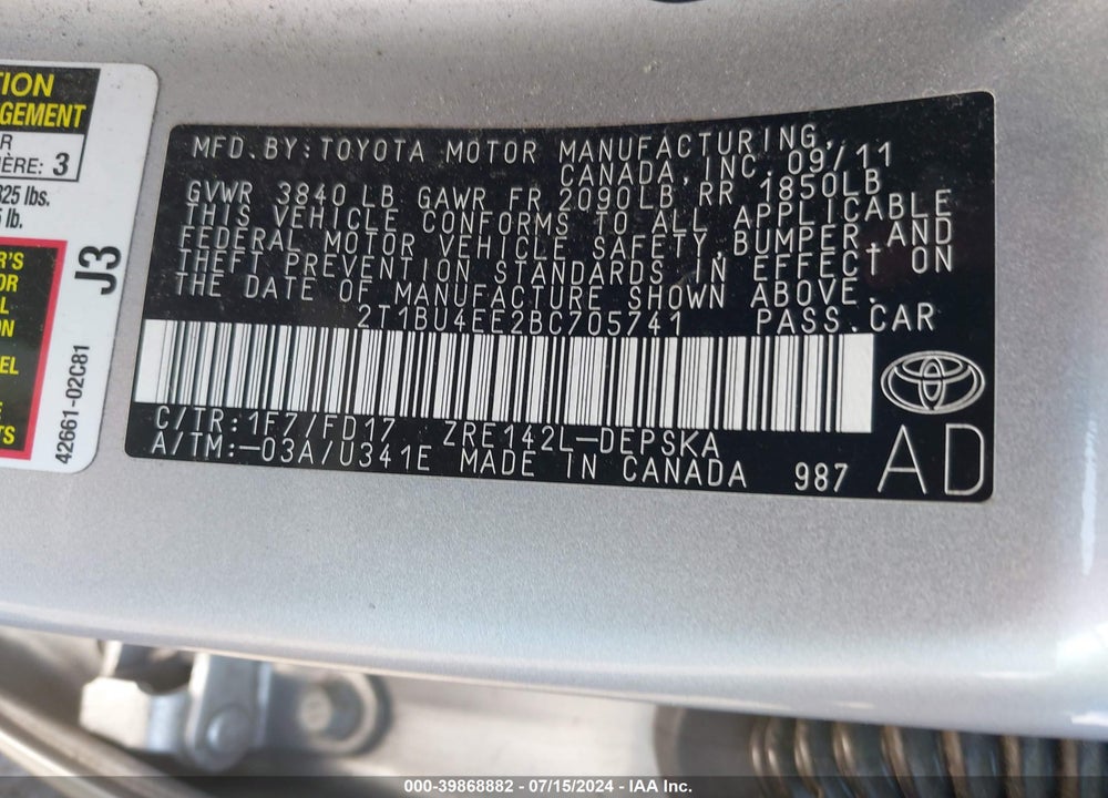 2011 TOYOTA COROLLA S VIN: 2T1BU4EE2BC705741