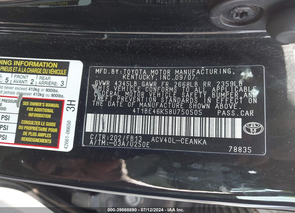 2008 TOYOTA CAMRY LE VIN: 4T1BE46K58U750505