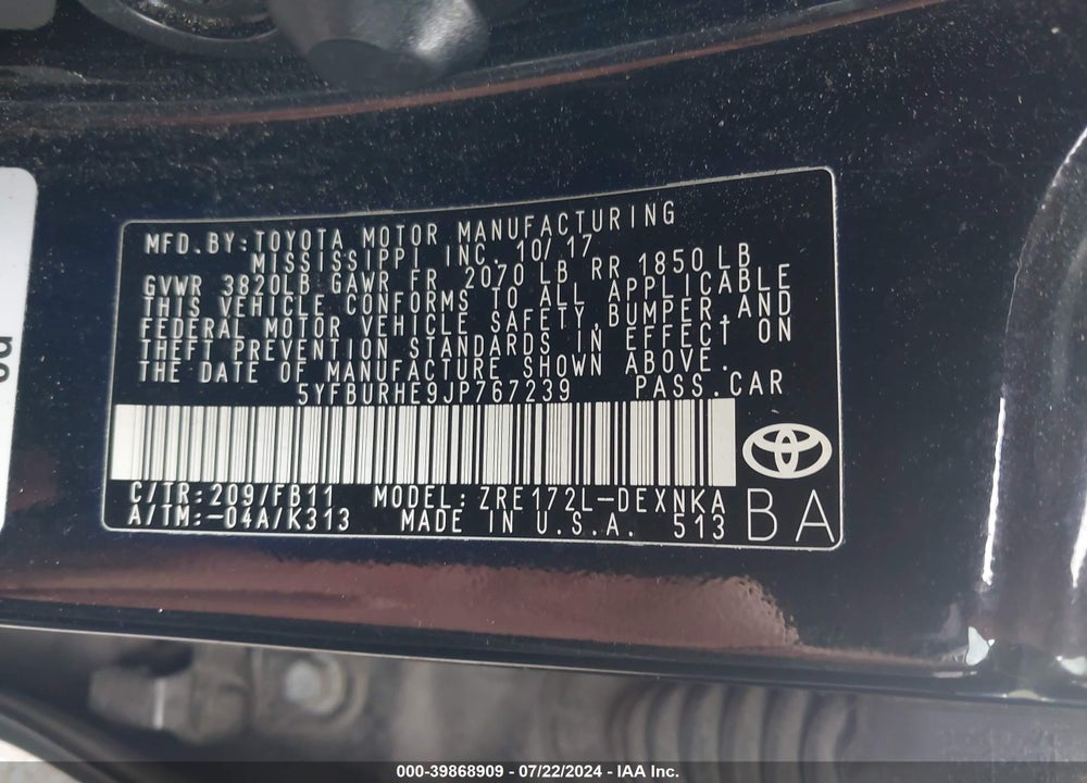 2018 TOYOTA COROLLA LE VIN: 5YFBURHE9JP767239