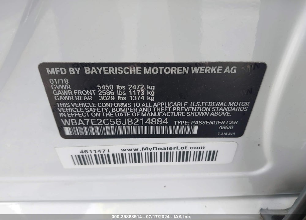 2018 BMW 740I VIN: WBA7E2C56JB214884
