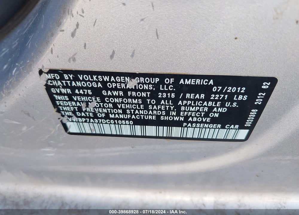 2013 VOLKSWAGEN PASSAT 2.5L SE VIN: 1VWBP7A37DC010550