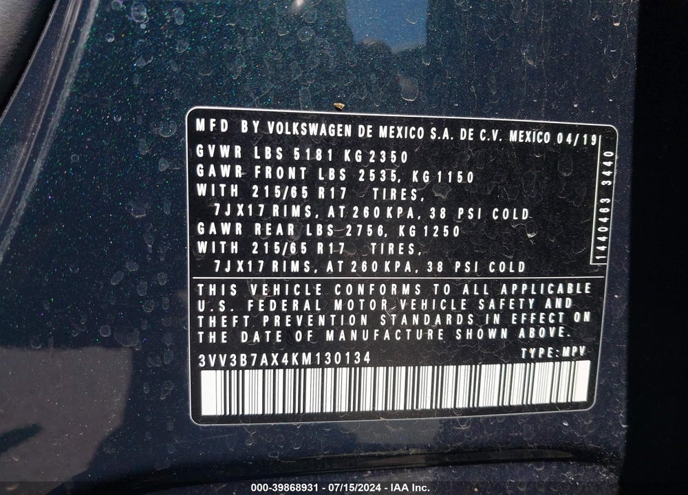 2019 VOLKSWAGEN TIGUAN 2.0T SE/2.0T SEL/2.0T SEL R-LINE/2.0T SEL R-LINE BLACK VIN: 3VV3B7AX4KM130134