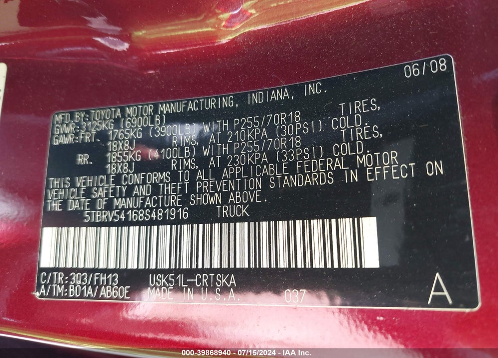 2008 TOYOTA TUNDRA BASE 5.7L V8 VIN: 5TBRV54168S481916
