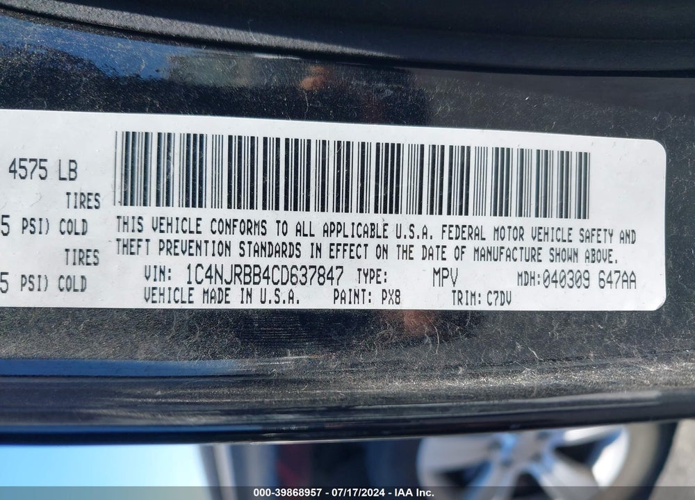 2012 JEEP PATRIOT SPORT VIN: 1C4NJRBB4CD637847
