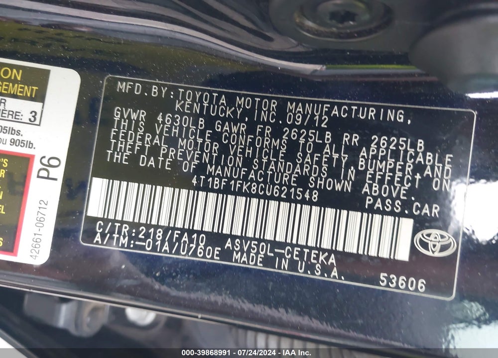 2012 TOYOTA CAMRY L VIN: 4T1BF1FK8CU621548