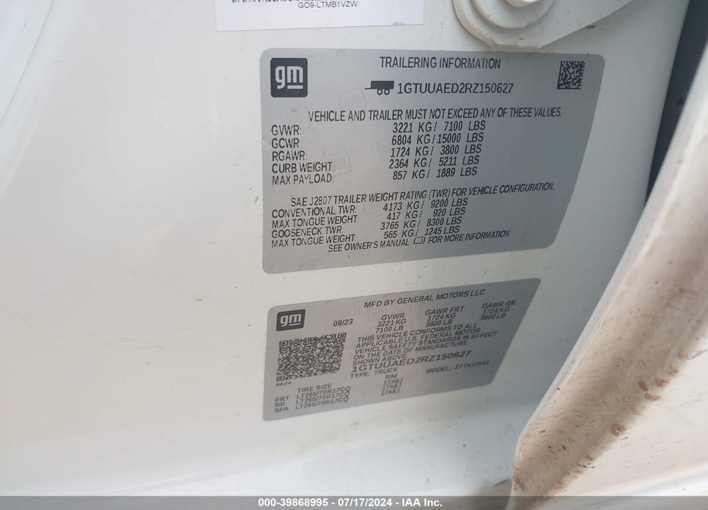 2024 GMC SIERRA 1500 PRO VIN: 1GTUUAED2RZ150627