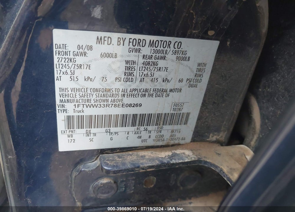 2008 FORD F-350 FX4/KING RANCH/LARIAT/XL/XLT VIN: 1FTWW33R78EE08269