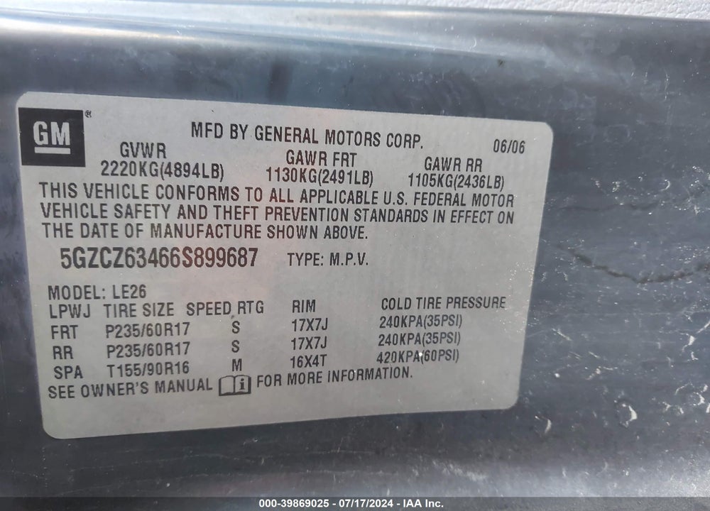 2006 SATURN VUE V6 VIN: 5GZCZ63466S899687
