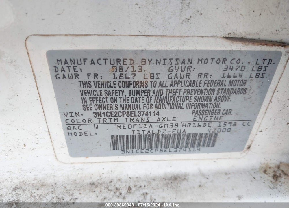 2014 NISSAN VERSA NOTE SV VIN: 3N1CE2CP8EL374114