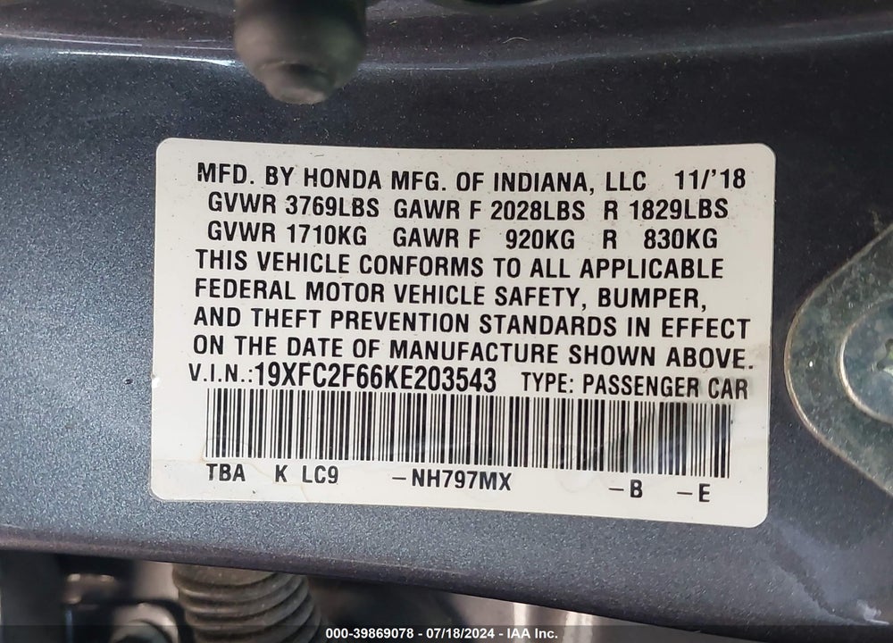 2019 HONDA CIVIC LX VIN: 19XFC2F66KE203543