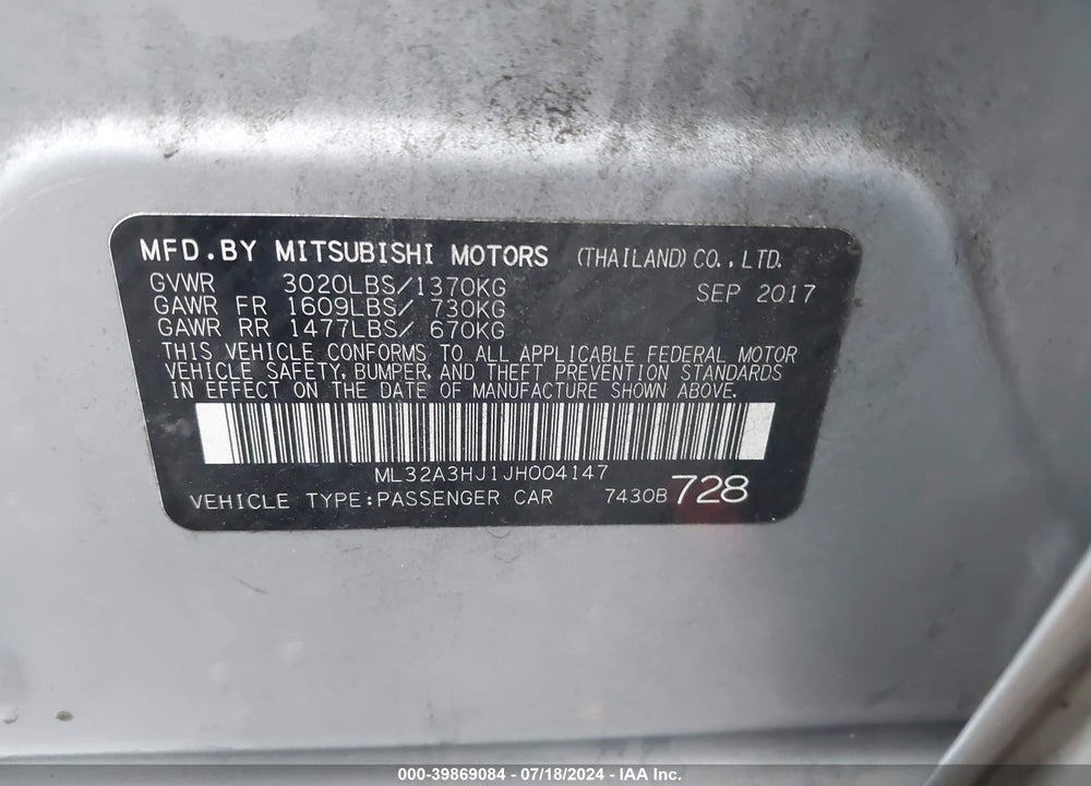 2018 MITSUBISHI MIRAGE ES VIN: ML32A3HJ1JH004147