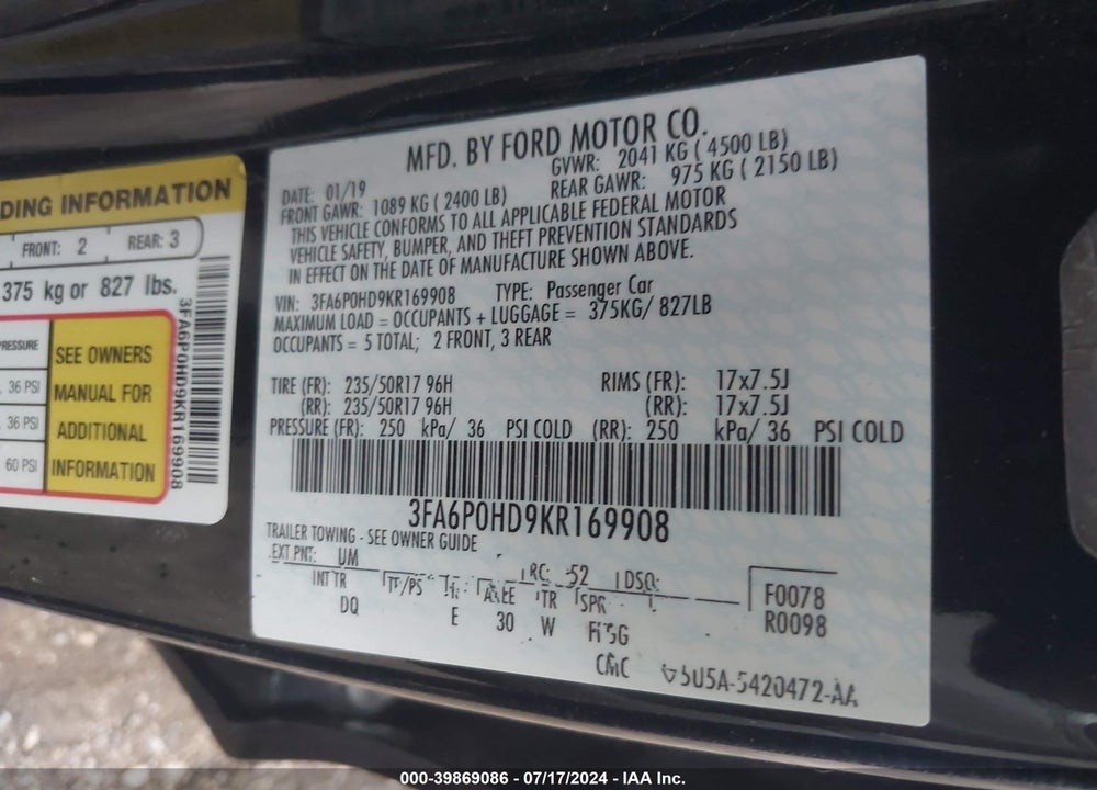 2019 FORD FUSION VIN: 3FA6P0HD9KR169908