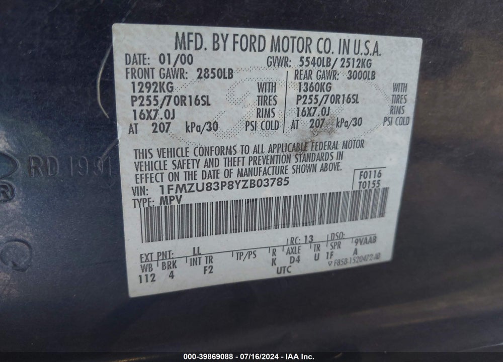 2000 FORD EXPLORER XLT VIN: 1FMZU83P8YZB03785