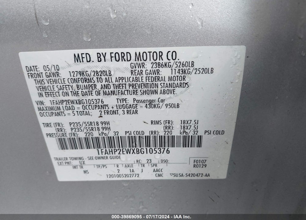 2011 FORD TAURUS SEL VIN: 1FAHP2EWXBG105376