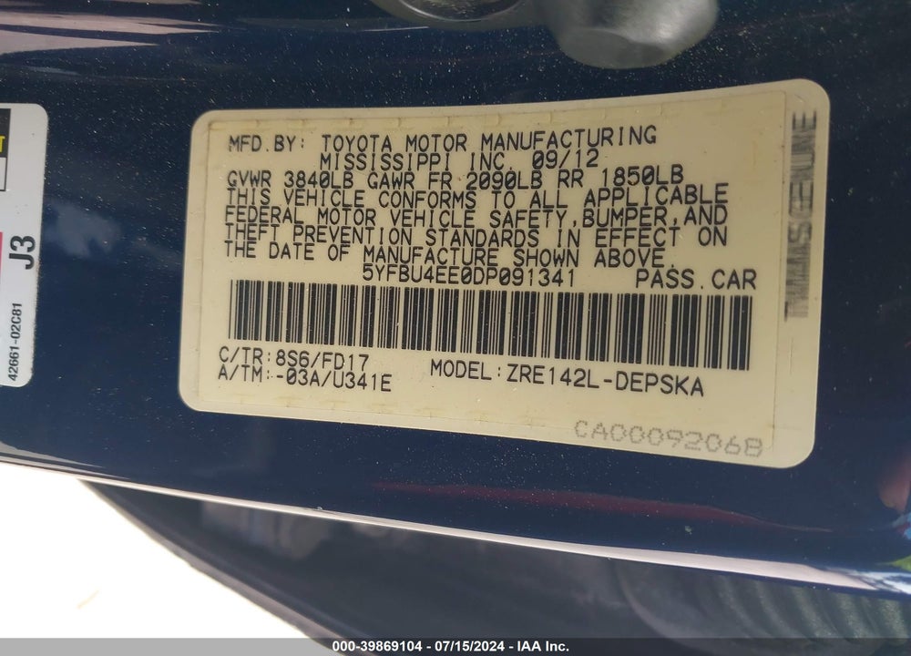 2013 TOYOTA COROLLA S VIN: 5YFBU4EE0DP091341