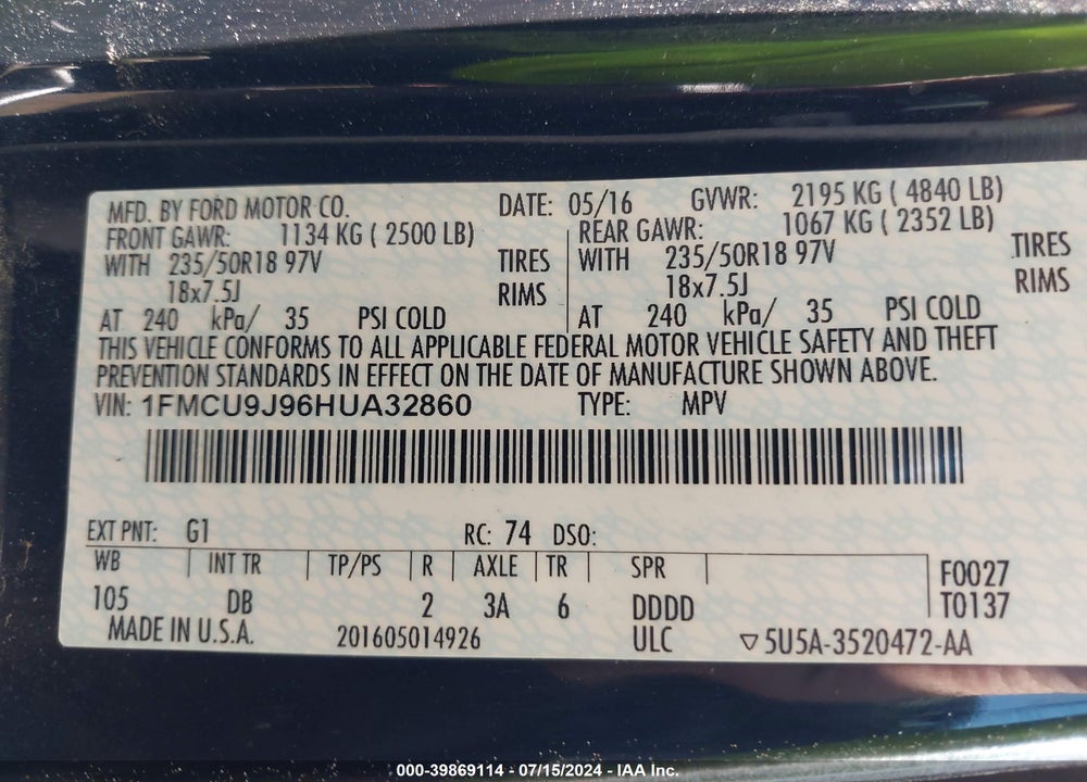 2017 FORD ESCAPE TITANIUM VIN: 1FMCU9J96HUA32860