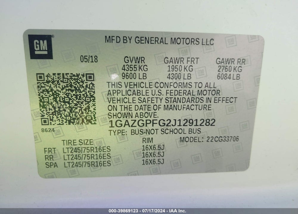 2018 CHEVROLET EXPRESS 3500 LT VIN: 1GAZGPFG2J1291282