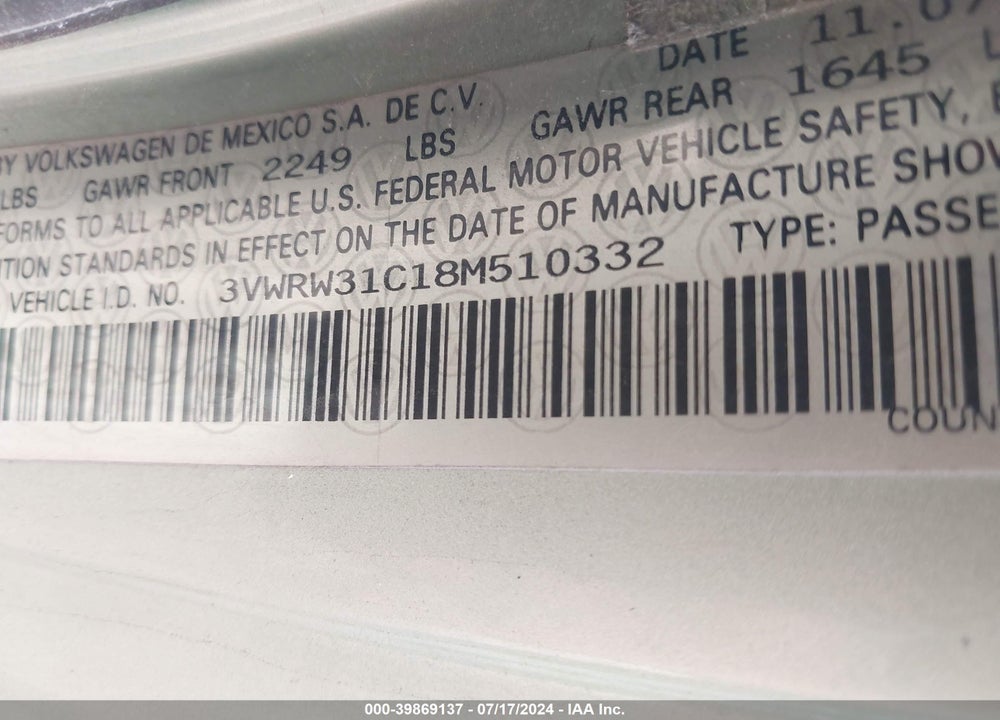 2008 VOLKSWAGEN NEW BEETLE SE VIN: 3VWRW31C18M510332