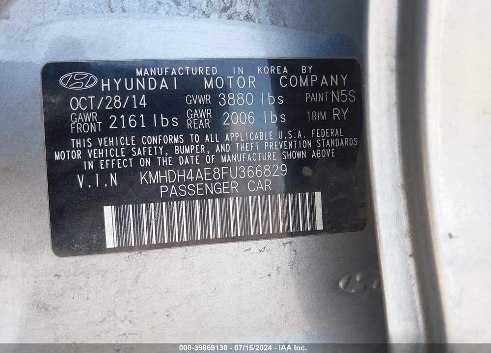 2015 HYUNDAI ELANTRA SE VIN: KMHDH4AE8FU366829