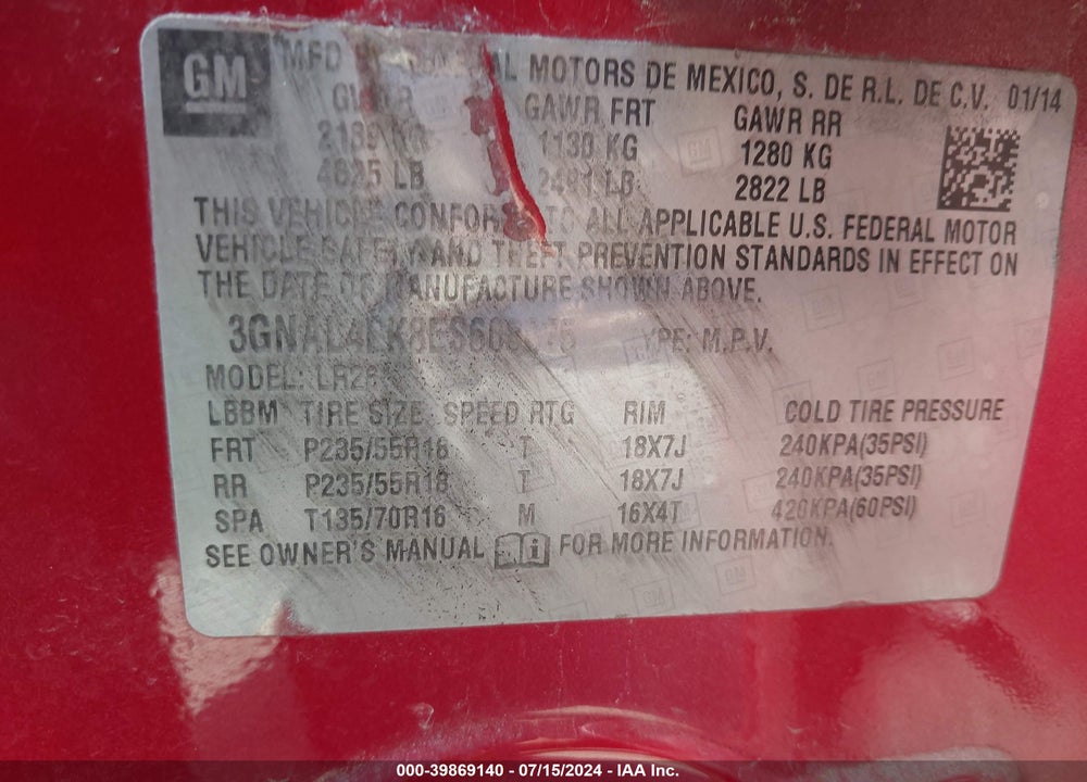 2014 CHEVROLET CAPTIVA SPORT VIN: 3GNAL4EK8ES608675