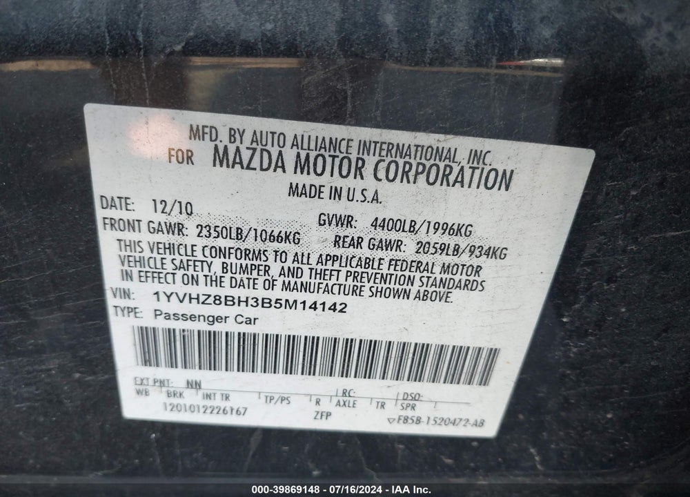 2011 MAZDA 6 I SPORT VIN: 1YVHZ8BH3B5M14142