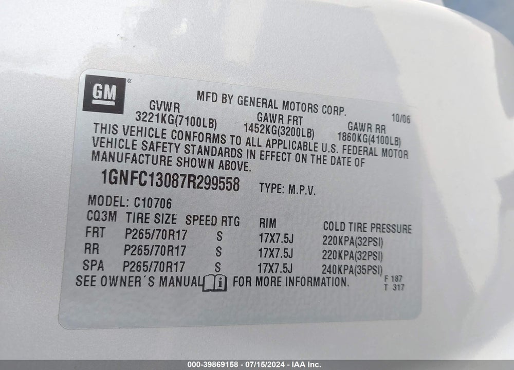 2007 CHEVROLET TAHOE LS VIN: 1GNFC13087R299558