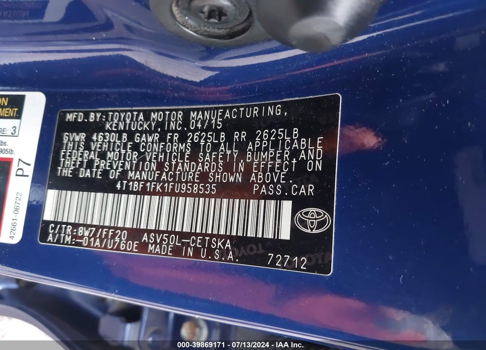 2015 TOYOTA CAMRY SE VIN: 4T1BF1FK1FU958535