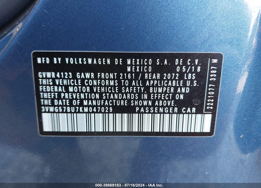 2019 VOLKSWAGEN JETTA 1.4T SEL PREMIUM VIN: 3VWG57BU7KM047029
