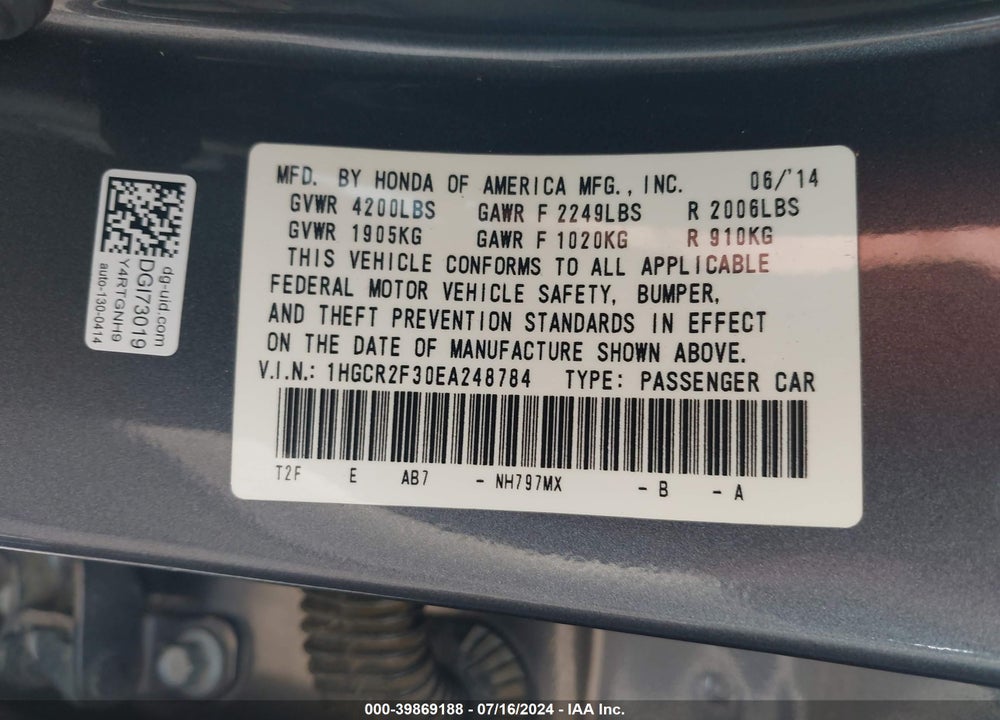 2014 HONDA ACCORD LX VIN: 1HGCR2F30EA248784